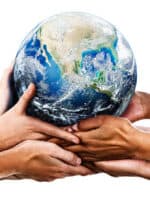 Many mixed hands cradling our home planet. Shows environmental awareness and an acceptance of responsibility for the care of our earthly home.